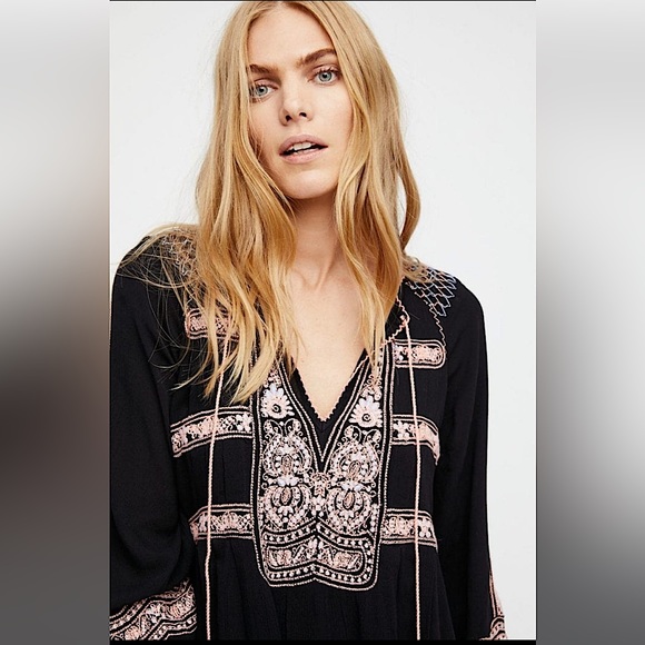 Free People Women’s Wind Willow Embroidered Bohemian Mini Dress Black  - Size L - Picture 3 of 16